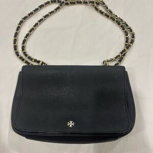 Tory Burch Black Leather Shoulder Bag with Gold Chain